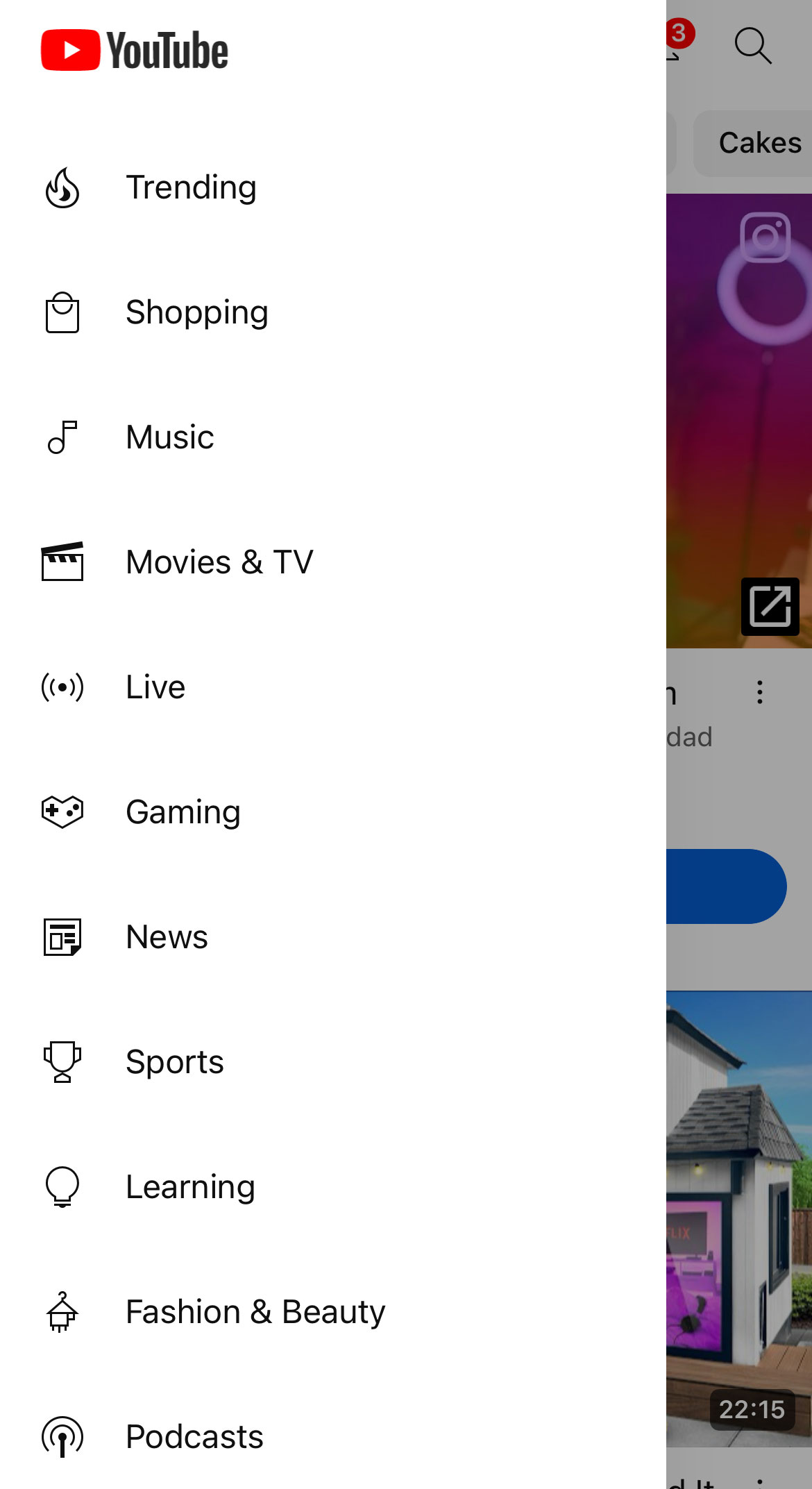 This is a screenshot of the YouTube homepage on a mobile device. 