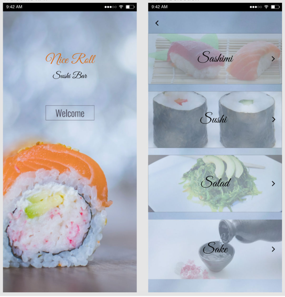 Screenshot of screens of UX design for a sushi restaurant.