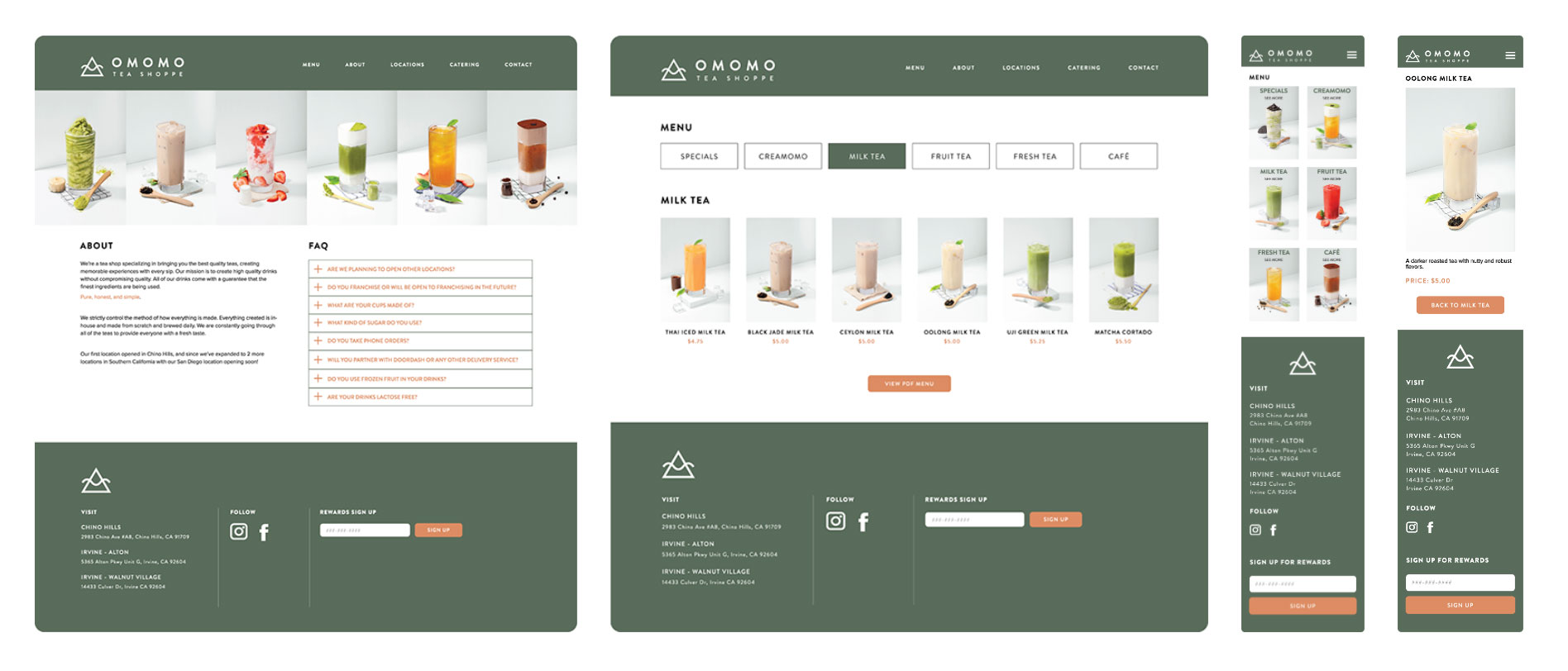 This is a screenshot of a website redesign for a boba tea shop. 