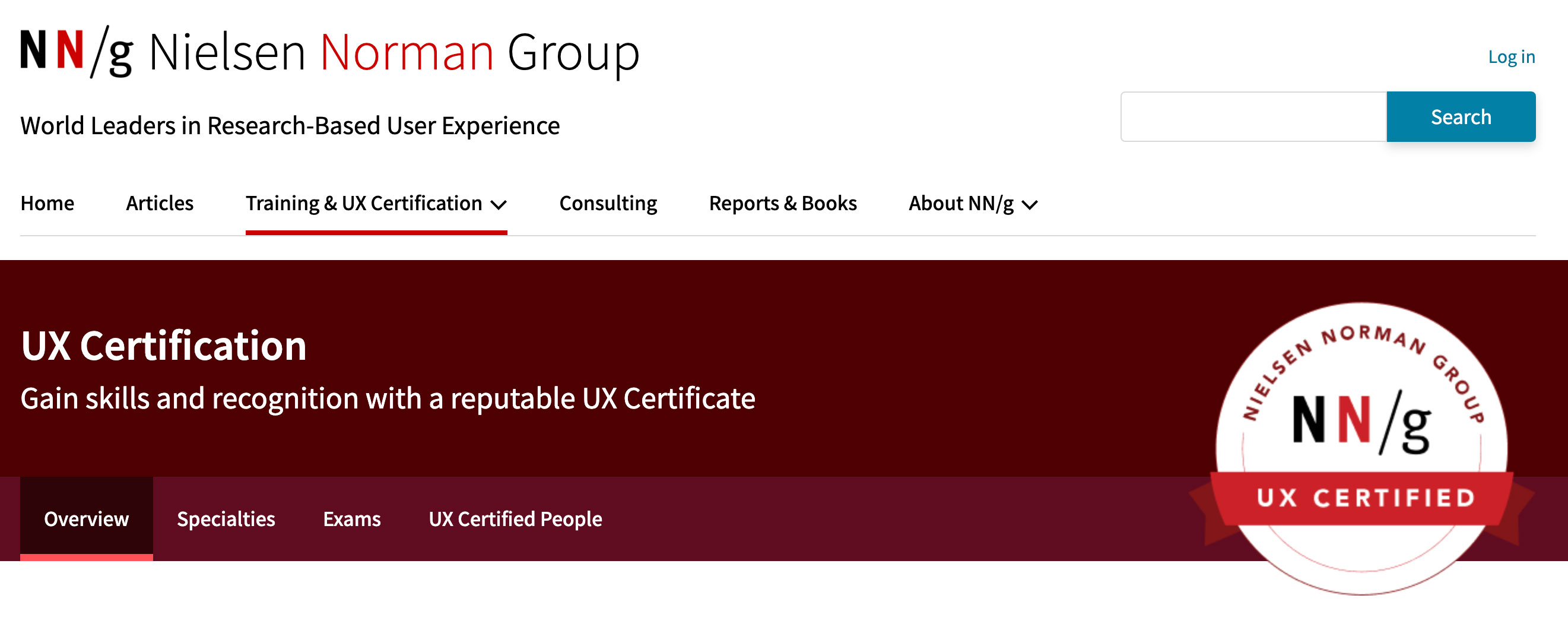 Nielsen Norman group's landing page for their UX certification. e
