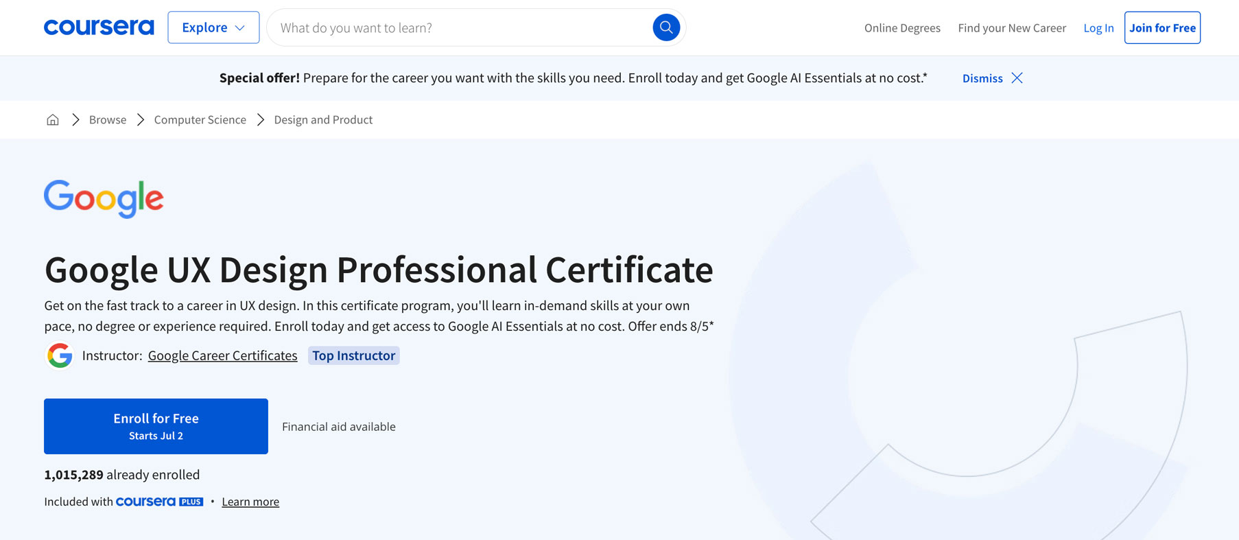 Landing page for the Google UX Design certificate through Coursera.