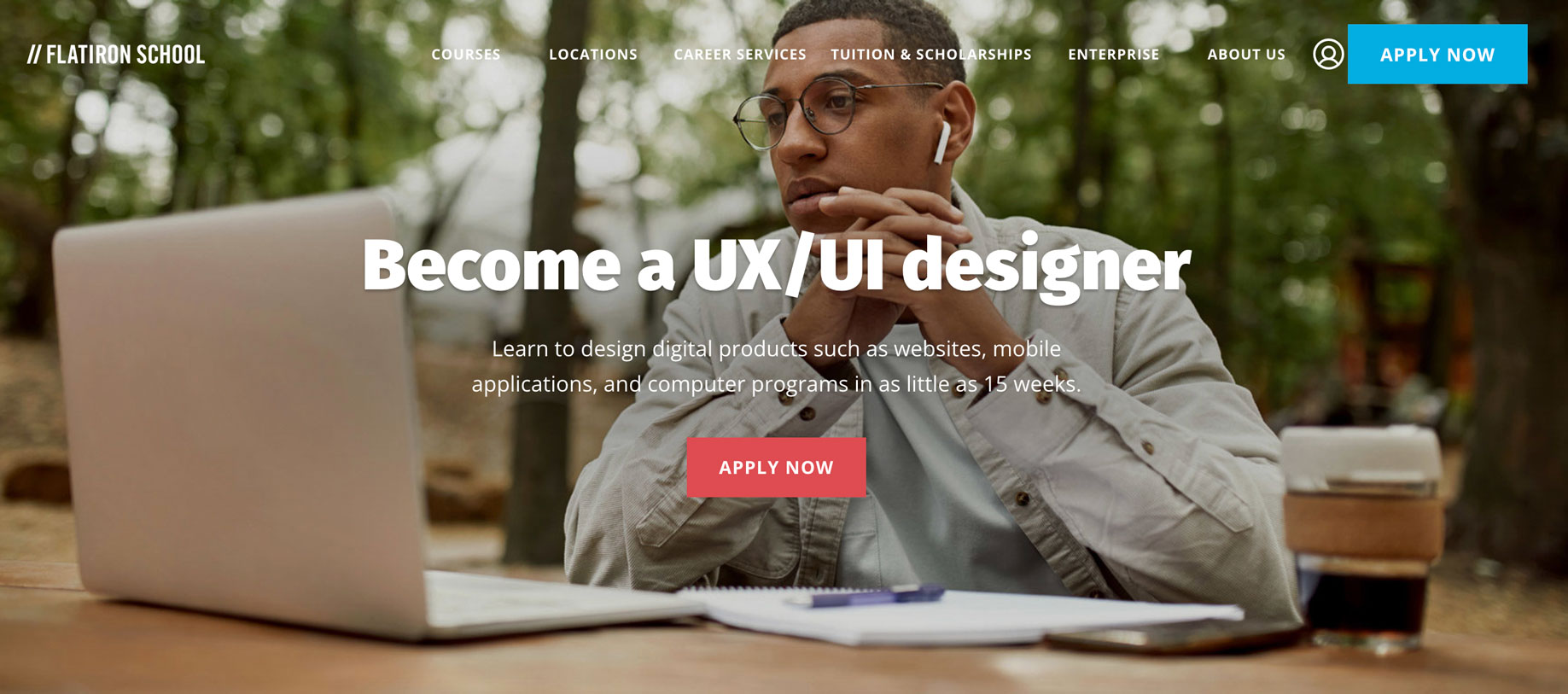 Flatiron School's landing page for a UX design certificate program.