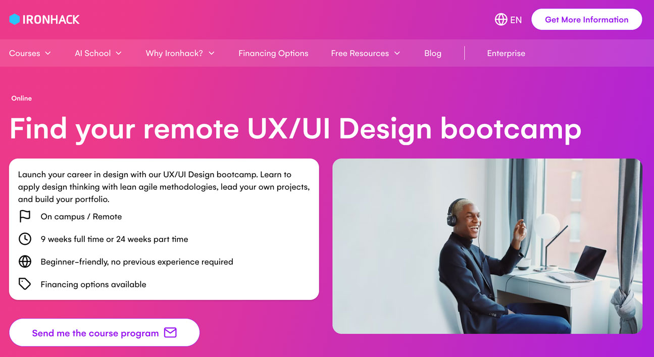 Ironhack's landing page for their UX design bootcamp.