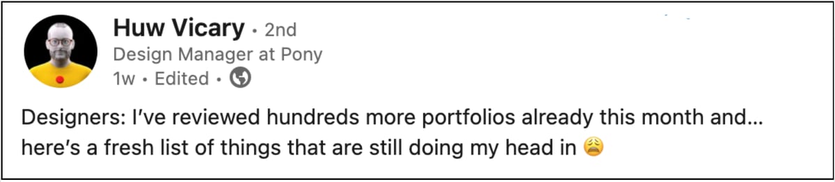 Image of start of LinkedIn post detailing tips for UX portfolios.