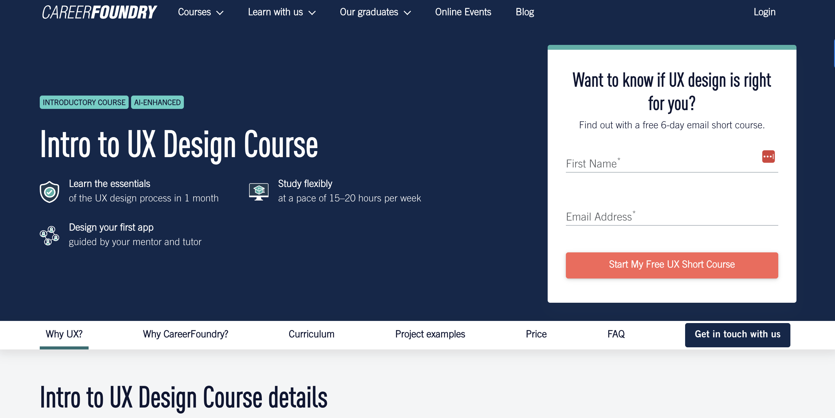 Screenshot of Careerfoundry's Intro to UX Design course webage